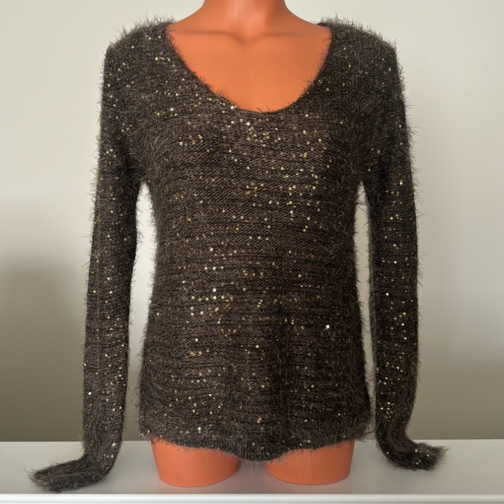NUAGE Sequin Knit Lace-up Sweater in Brown/Gold size Small